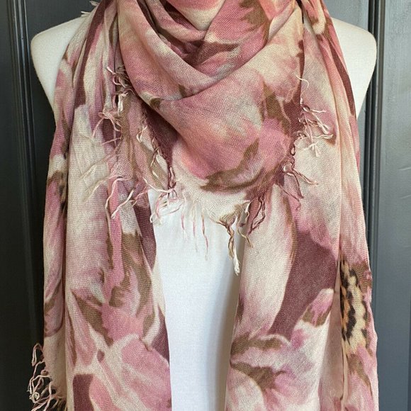 New Authentic Chan Luu Peony Floral Print Cashmere Silk Scarf  Color: Tawny Port - Picture 2 of 7